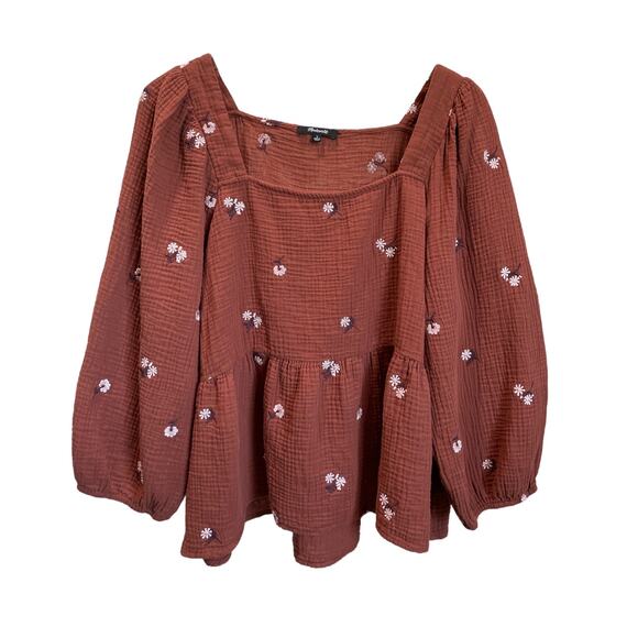 Madewell Amie Floral Embroidered Lightspun Millbrook Puff-Sleeve Peplum Top LG - Picture 3 of 11